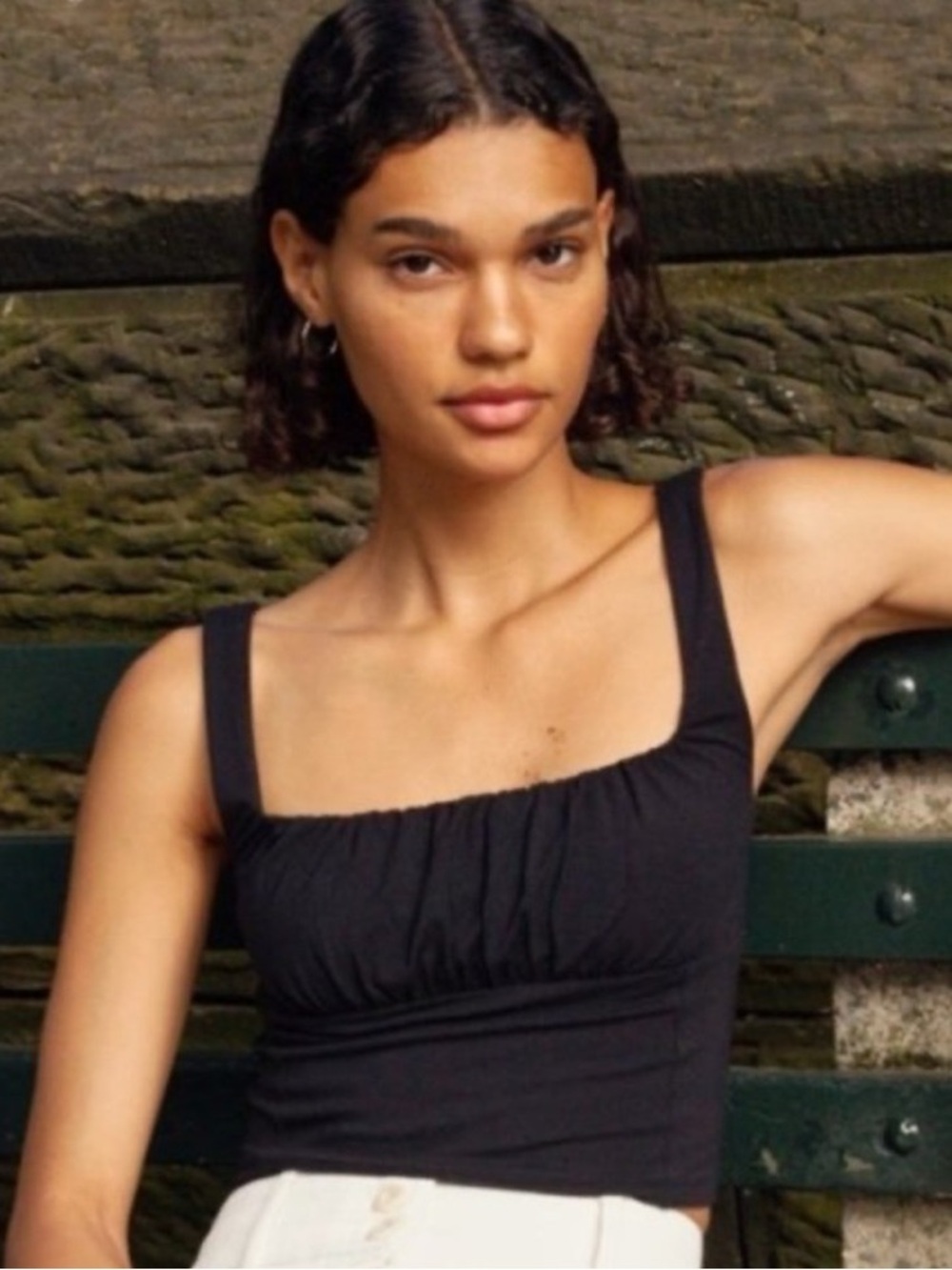 WILFRED FREE Orbit Black Cropped Tank Ruched Square-Neck Tank GATHERED MEDIUM